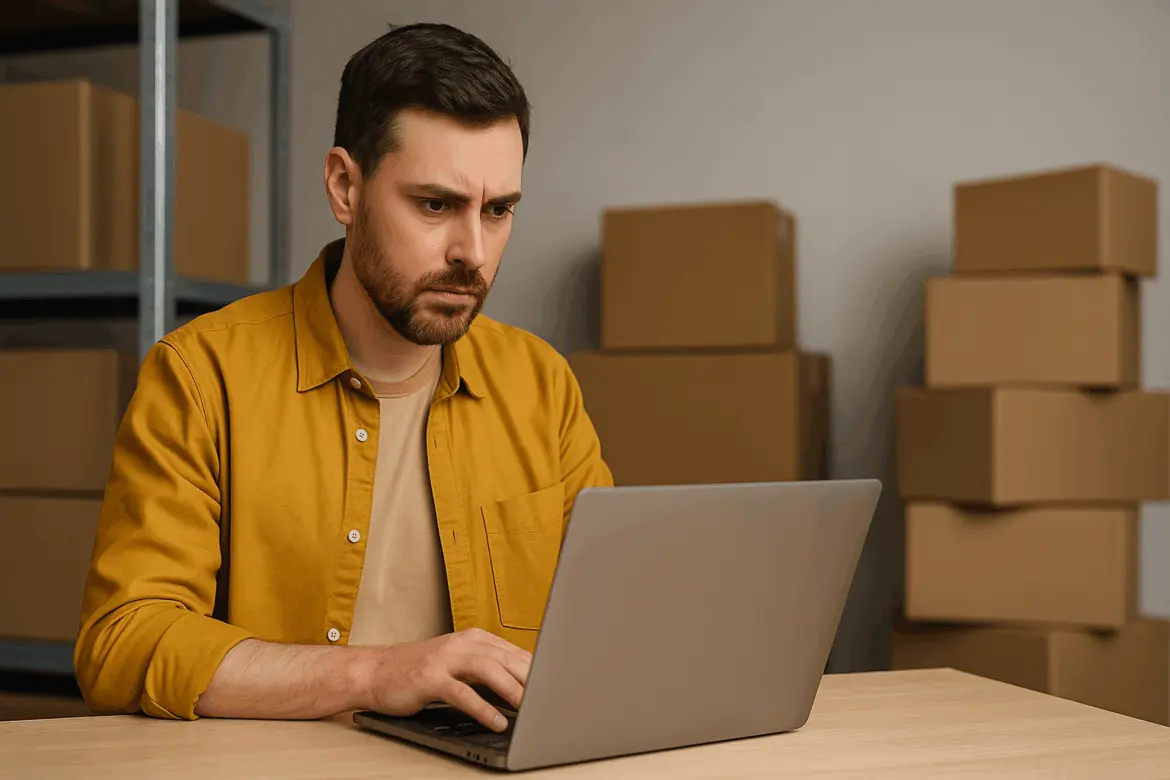 С 2026‑го ИП запретят продавать чужие товары онлайн Предприниматель за ноутбуком на фоне коробок